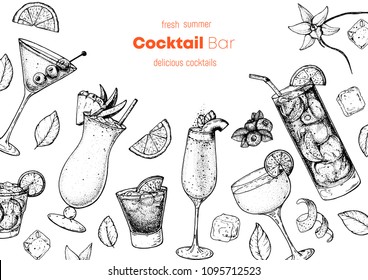 Alcoholic cocktails hand drawn vector illustration. Cocktails sketch set. Engraved style. Dry martini, pina colada, bellini, daiquiri, long island iced tea.