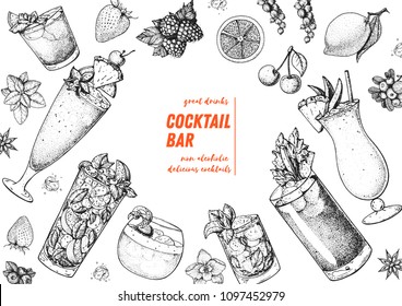 Alcoholic cocktails hand drawn vector illustration. Cocktails sketch set. Engraved style. Mai tai, singapore sling, mojito, whisky sour, mint julep, bloody mary, pina colada.