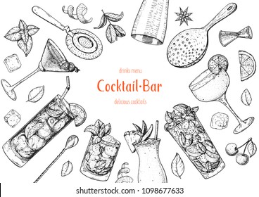 Alkoholische Cocktails, handgezeichnet, Vektorgrafik. Cocktails Skizze Set. Stilvoll graviert. Elemente der Barmenüskizze. Vintage Bar Design.