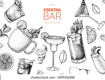 Alcoholic cocktails hand drawn vector illustration. Cocktails sketch set. Engraved style. Mai tai, moscow mule, margarita, bloody mary, bellini.