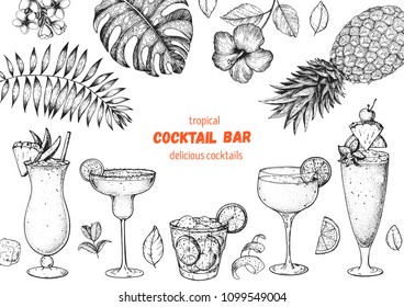 Alcoholic cocktails hand drawn vector illustration. Cocktails sketch set. Engraved style. Tropical collection. Pina colada, margarita, caipiroska, daiquiri, singapore sling.