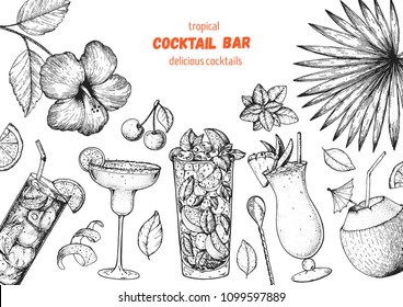 Alcoholic cocktails hand drawn vector illustration. Cocktails sketch set. Engraved style. Tropical collection.