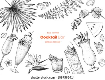 Alcoholic cocktails hand drawn vector illustration. Cocktails sketch set. Engraved style. Tropical collection. Summer time.