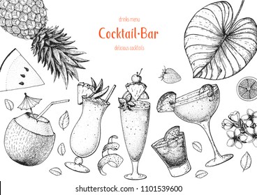 Alcoholic cocktails hand drawn vector illustration. Cocktails sketch set. Engraved style. Tropical collection. Summer time.