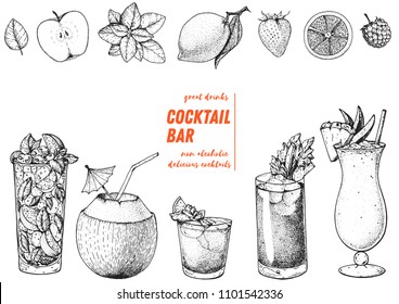 Alcoholic cocktails hand drawn vector illustration. Cocktails sketch set. Engraved style. Mojito, coconut cocktail, mai tai, bloody mary, pina colada.