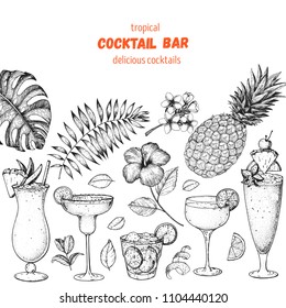 Alcoholic cocktails hand drawn vector illustration. Cocktails sketch set. Engraved style. Tropical collection. Summer time.