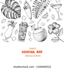 Alcoholic cocktails hand drawn vector illustration. Cocktails sketch set. Engraved style. Tropical collection. Summer time.