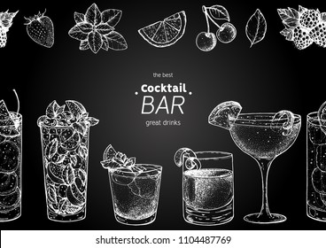 Alcoholic cocktails hand drawn vector illustration. Cocktails sketch set. Engraved style. Chalkboard design.