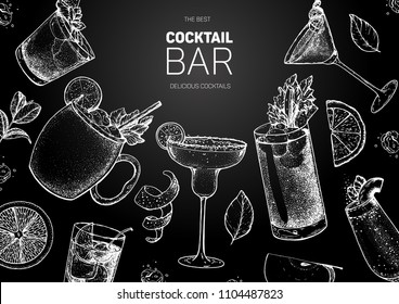 Alcoholic cocktails hand drawn vector illustration. Cocktails sketch set. Engraved style. Mai tai, moscow mule, margarita, bloody mary, bellini. Chalkboard design.