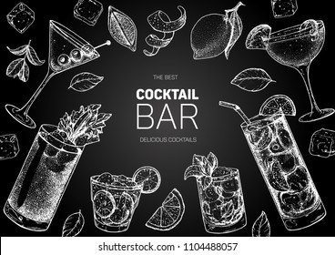 Alcoholic cocktails hand drawn vector illustration. Cocktails sketch set. Engraved style. Chalkboard design.