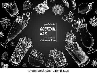 Alcoholic cocktails hand drawn vector illustration. Cocktails sketch set. Engraved style. Mai tai, singapore sling, mojito, whisky sour, mint julep, bloody mary, pina colada. Chalkboard design.