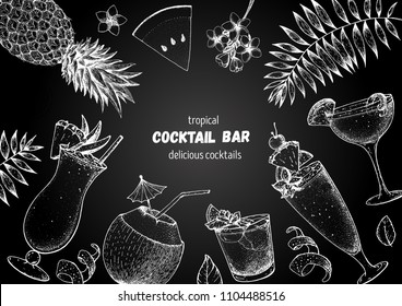 Alcoholic cocktails hand drawn vector illustration. Cocktails sketch set. Engraved style. Pina colada, sidecar, singapore sling and man tai. Chalkboard design.