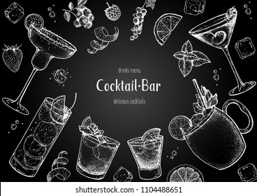 Alcoholic cocktails hand drawn vector illustration. Cocktails sketch set. Engraved style. Chalkboard design.