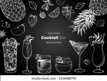 Alcoholic cocktails hand drawn vector illustration. Cocktails sketch set. Engraved style. Chalkboard design.