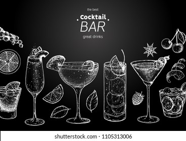 Alcoholic cocktails hand drawn vector illustration. Cocktails sketch set. Engraved style. Bellini, sidecar, tom collins, martini, negroni, caipiroska. Chalkboard style.