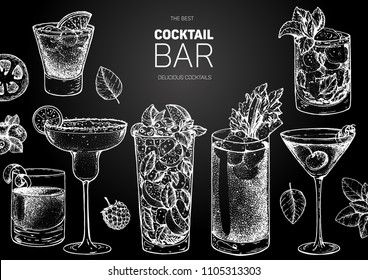 Alcoholic cocktails hand drawn vector illustration. Cocktails sketch set. Engraved style. Negroni, margarita, mojito, bloody mary, manhattan, mint julep. Chalkboard design.