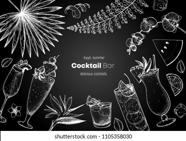 Alcoholic cocktails hand drawn vector illustration. Cocktails sketch set. Engraved style. Tropical collection. Summer time. Chalkboard design.