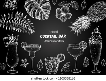 Alcoholic cocktails hand drawn vector illustration. Cocktails sketch set. Engraved style. Tropical collection. Pina colada, margarita, caipiroska, daiquiri, singapore sling. Chalkboard design.