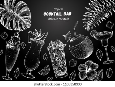Alcoholic cocktails hand drawn vector illustration. Cocktails sketch set. Engraved style. Tropical collection. Singapore sling, pina colada, mojito, coconut cocktail, margarita. Chalkboard design.