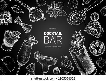 Alcoholic cocktails hand drawn vector illustration. Cocktails sketch set. Engraved style. Bar menu sketch elements. Negroni, bellini, margarita, bloody mary, caipiroska.