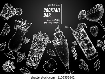 Alcoholic Cocktails Hand Drawn Vector Illustration. Cocktails Sketch Set. Engraved Style. Pina Colada, Mojito, Singapore Sling, Long Island Iced Tea, Sidecar. Chalkboard Design.