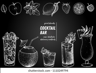 Alcoholic cocktails hand drawn vector illustration. Cocktails sketch set. Engraved style. Mojito, coconut cocktail, mai tai, bloody mary, pina colada.