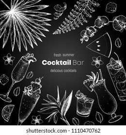 Alcoholic cocktails hand drawn vector illustration. Cocktails sketch set. Engraved style. Tropical collection. Summer time.