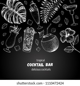 Alcoholic cocktails hand drawn vector illustration. Cocktails sketch set. Engraved style. Tropical collection. Summer time.