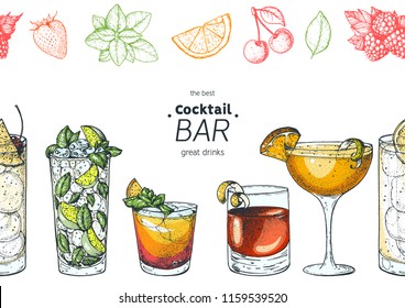 Alcoholic cocktails hand drawn vector illustration. Cocktails set. Menu design elements.