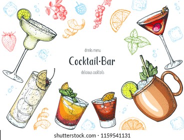 Alcoholic cocktails hand drawn vector illustration. Cocktails set. Menu design elements.