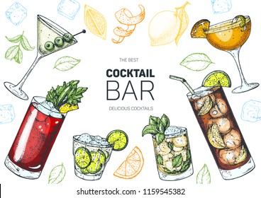 Alcoholic cocktails hand drawn vector illustration. Cocktails set. Menu design elements.