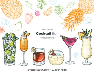 Alcoholic cocktails hand drawn vector illustration. Cocktails set. Menu design elements.