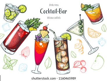 Alcoholic cocktails hand drawn vector illustration. Cocktails set. Menu design elements.Caipiroska, bloody mary, singapore sling, long island iced tea, martini, man tai.