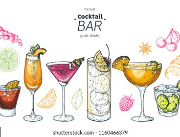 Alcoholic cocktails hand drawn vector illustration. Cocktails set. Menu design elements.Bellini, sidecar, tom collins, martini, negroni, caipiroska.