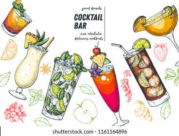 Alcoholic cocktails hand drawn vector illustration. Cocktails set. Menu design elements. Pina colada, mojito, singapore sling, long island iced tea, sidecar.