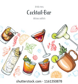 Alcoholic cocktails hand drawn vector illustration. Cocktails set. Menu design elements. Tom collins, mai tai, manhattan, negroni, moscow mule, margarita.