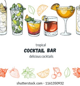 Alcoholic cocktails hand drawn vector illustration. Cocktails set. Menu design elements. Tom collins, mojito, mai tai, sazerac, sidecar.