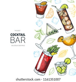 Alcoholic cocktails hand drawn vector illustration. Cocktails set. Menu design elements. Bloody mary, dry martini, caipiroska, sidecar, long island iced tea.