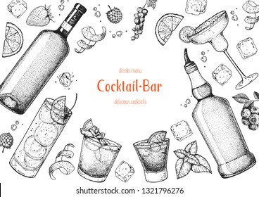 Alcoholic cocktails hand drawn vector illustration. Cocktails sketch set. Engraved style. Wine and whiskey bottle.