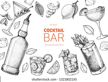 Alcoholic cocktails hand drawn vector illustration. Cocktails sketch set. Engraved style. Hand drawn bottle.