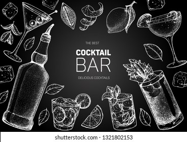 Alcoholic cocktails hand drawn vector illustration. Cocktails sketch set. Engraved style. Hand drawn bottle.