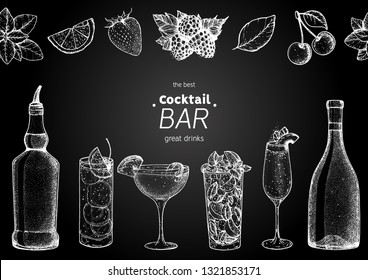 Alcoholic cocktails hand drawn vector illustration. Cocktails sketch set. Engraved style.Alcoholic drinks in glasses and bottle.