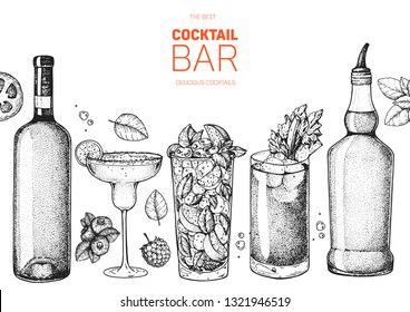 Alcoholic cocktails hand drawn vector illustration. Cocktails sketch set. Engraved style. Alcoholic drinks in glasses and bottles.