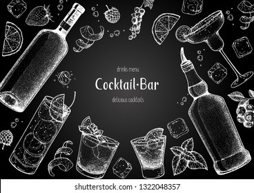 Alcoholic cocktails hand drawn vector illustration. Cocktails sketch set. Engraved style. Wine and whiskey bottle.