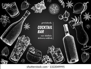 Alcoholic cocktails hand drawn vector illustration. Cocktails sketch set. Engraved style. Alcoholic drinks in glasses and bottles.