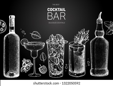 Alcoholic cocktails hand drawn vector illustration. Cocktails sketch set. Engraved style. Alcoholic drinks in glasses and bottles.