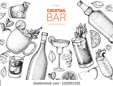 Alcoholic cocktails hand drawn vector illustration. Cocktails sketch set. Engraved style. Alcoholic drinks in glasses and bottles.