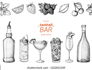 Alcoholic cocktails hand drawn vector illustration. Cocktails sketch set. Engraved style.Alcoholic drinks in glasses and bottle.