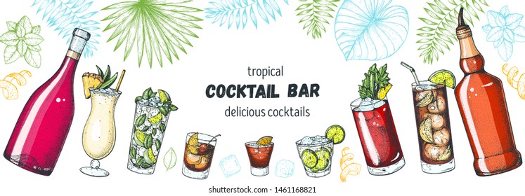 Alcoholic cocktails hand drawn vector illustration. Cocktails and palm leaves set. Menu design elements. Summer bar menu. 