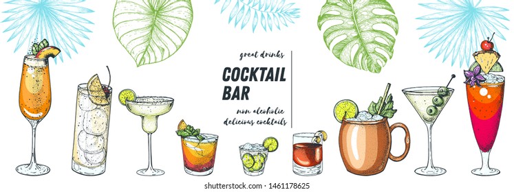 Alcoholic cocktails hand drawn vector illustration. Cocktails and palm leaves set. Menu design elements. Summer bar menu. 